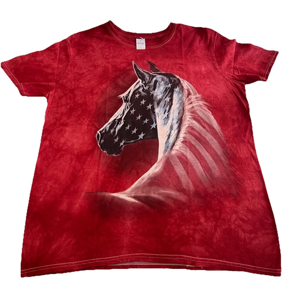 Vintage The Mountain Horse T Shirt Red Tie Dye‎ L 100% Cotton Western Graphic T